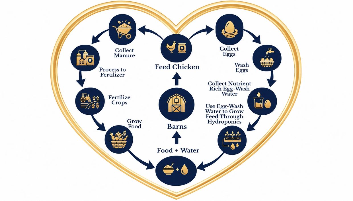 The Morning Star Fields BioCircular loop, drawn as a heart: barns feed the chickens, eggs are collected and washed, the nutrient-rich egg-wash water grows feed through hydroponics, manure is processed into fertiliser, fertilised crops grow food, and the food and water return to the flock.