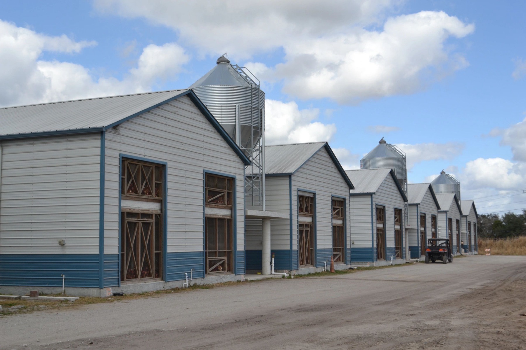 The hen barns and feed silos at Morning Star Fields on State Road 60 in Vero Beach, Florida